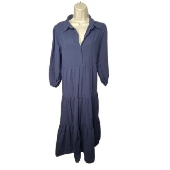 Pomander Place Navy Mabel Tiered Maxi Dress NWT Size L Puff Sleeve - Picture 5 of 11